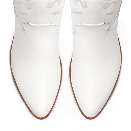 White Cowgirl Boots Women Cowboy Knee High Tall Boots Chunky Heel Pointed Toe Pull-On Western Wide Calf Boats Country Fashion