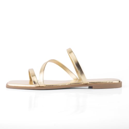 Strappy Flat Sandals For Women Slip On Square Open Toe Slides Sandals