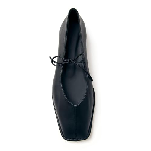 Lace Up Ballet Flats for Women Bow Square Toe Mary Jane Flats Slip On Leather Ballerina Shoes