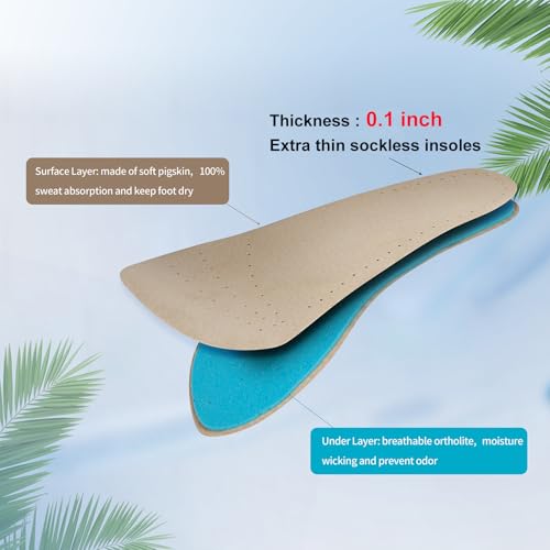 2 Pairs Pigskin Sockless Insoles|Barefoot Cushion Pads|Absorbs Sweat & Controls Odor|Wear Without Socks|Extra Thin Dress Shoes