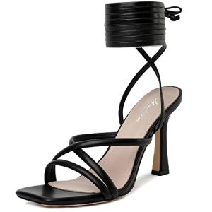 Womens Sandals Strappy Heels for Women Lace Up Square Open Toe Heels Tie Up High Heeled Sandals for Prom, Party, Daily Wear