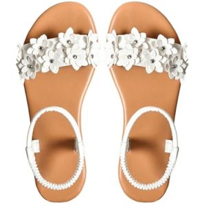 Women's Summer Sandals Flower Leather Flat Sandals with Ankle Strap