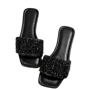 Women's Sparkly Jeweled Flat Sandals Dressy Open Toe Glitter Shiny Slippers Slip-on Shoes