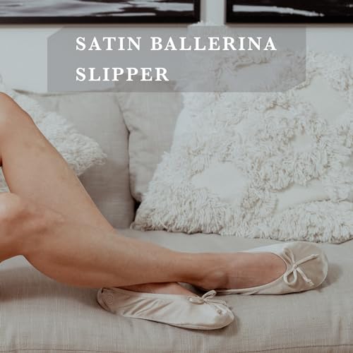 Women's Satin Ballerina Slippers with Soft Tie Bow and Suede Sole