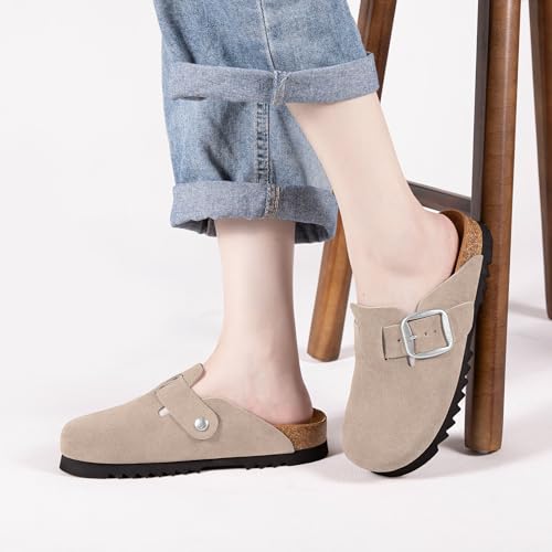 Suede Clogs for Women Leather Slip-on Mules Men's Potato Shoes Non Slip Sandals with Adjustable Buckle