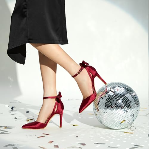 Heels for Women Closed Pointed Toe Heels Women's Pumps Stiletto High Shoes with Bow Knot Comfortable Ankle Strap Office Party