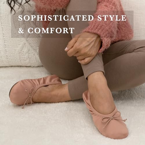 Women's Satin Ballerina Slippers with Soft Tie Bow and Suede Sole