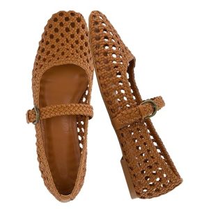 Weston Women’s Hand Woven Dressy Ballet Flats – Faux Leather Mary Jane with Adjustable Strap & Memory Foam