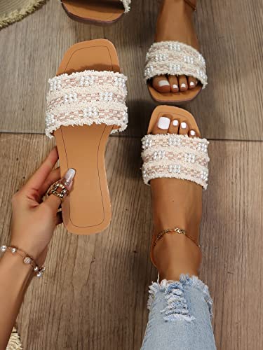 Women's Summer Beach Flat Cute Sandals 2025 Color Block Faux Pearls Decor Leather Flat Slides