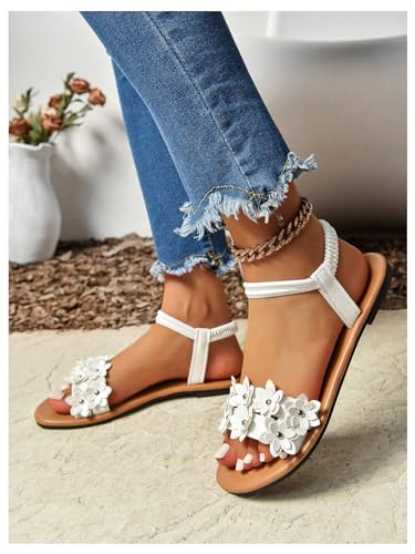 Women's Summer Sandals Flower Leather Flat Sandals with Ankle Strap